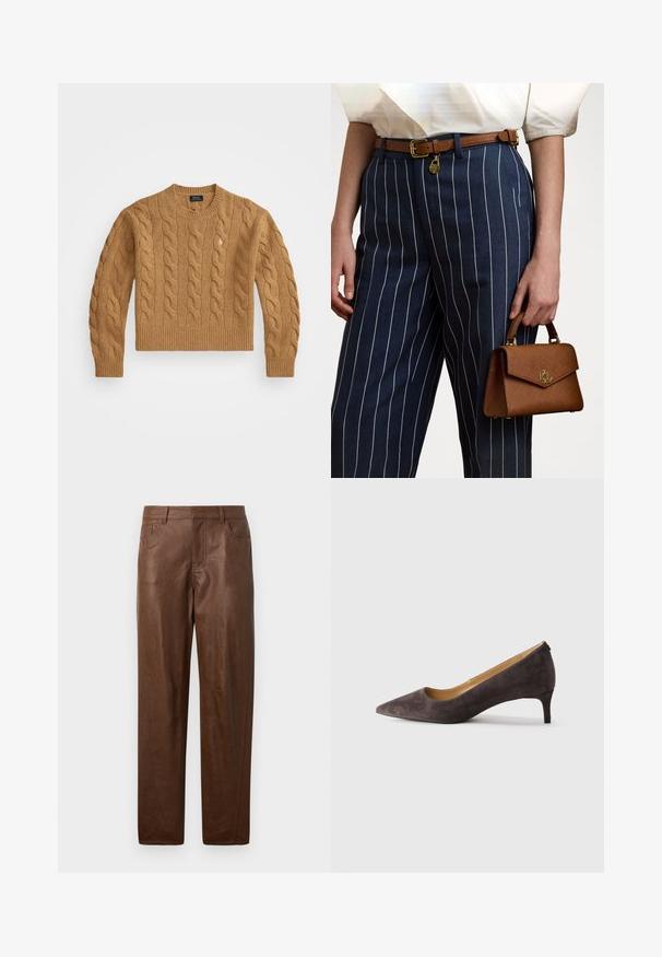 Brown cable-knit sweater with a round neckline, ribbed cuffs and hem, featuring a small logo on the chest, made from textured fabric.; White long-sleeve button-up shirt made of cotton. Features a classic collar, seven buttons, and a subtle logo embroidered on the chest.; Brown leather pants with a smooth texture, straight leg design, and two side pockets. Features visible stitching details.; Dark brown suede pointed-toe low heel pump with a slim heel and smooth tan interior lining, shown in profile on a neutral background.; Brown textured handbag with gold hardware, held beside navy striped pants featuring white vertical lines. Simple, structured design.