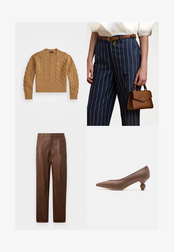 Bruine kabelgebreide trui met een ronde halslijn, ribgebreide manchetten en zoom, voorzien van een klein logo op de borst, gemaakt van gestructureerde stof.; Witte lange mouwen button-up blouse van katoen. Bevat een klassieke kraag, zeven knopen en een subtiele logo geborduurd op de borst.; Bruine leren broek met een gladde textuur, rechte pijpen en twee zijzakken. Bevat zichtbare stikdetails.; Bruine leren pump met spitse neus en een unieke afgeronde balhak. Soepele textuur, strakke ontwerp en minimalistische details.; Bruine getextureerde handtas met gouden accenten, vastgehouden naast marineblauwe gestreepte broek met witte verticale lijnen. Eenvoudig, gestructureerd ontwerp.
