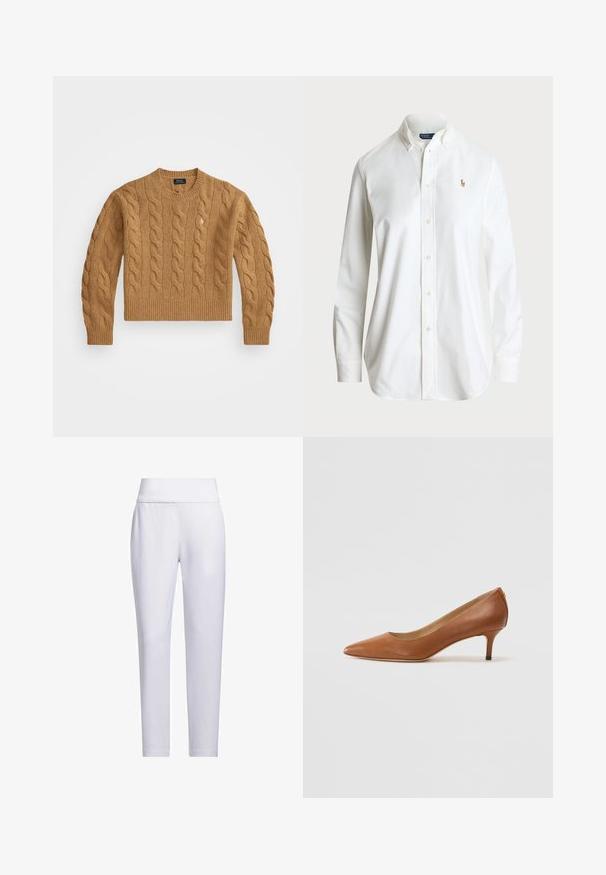 Suéter marrom de malha trançada com um decote redondo, punhos e bainha canelados, apresentando um pequeno logotipo no peito, feito de um tecido texturizado.; Camisa branca com colarinho clássico, mangas longas e um logo bordado discreto no peito. Feita em tecido de algodão de qualidade.; Calças brancas, ajustadas, com uma cintura larga, textura lisa e sem bolsos ou padrões visíveis, apresentando um design de perna afinada.; Lauren Ralph Lauren ADRIENNE - Saltos clássicos - deep saddle tan