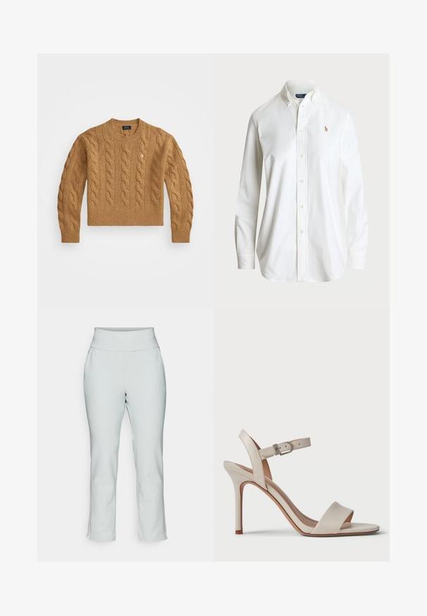Suéter marrom de malha trançada com um decote redondo, punhos e bainha canelados, apresentando um pequeno logotipo no peito, feito de um tecido texturizado.; Camisa branca com colarinho clássico, mangas longas e um logo bordado discreto no peito. Feita em tecido de algodão de qualidade.; Calças desportivas cinza claro com cintura alta elástica, pernas afuniladas e fendas laterais subtis na bainha para facilitar o movimento.; Sandal de salto alto bege com acabamento em couro suave, bico aberto, tira frontal larga e tira de tornozelo ajustável com fivela de metal.