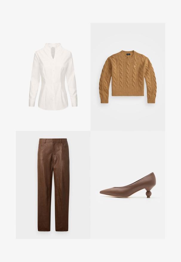 Brauner Kabelstrickpullover mit rundem Ausschnitt, gerippten Bündchen und Saum, ausgestattet mit einem kleinen Logo auf der Brust, aus strukturiertem Stoff gefertigt.; Weiße Bluse aus Baumwolle mit Stehkragen, langen Ärmeln, vorderer Knopfleiste und taillierter Passform. Glatte Textur und schlichtes Design.; Braune Lederhosen mit glatter Textur, geradem Beindesign und zwei Seitentaschen. Enthält sichtbare Nähte.; Braune Leder-Pumps mit spitz zulaufender Zehenpartie und einzigartigem runden Ballabsatz. Glatte Textur, elegantes Design und minimalistische Details.