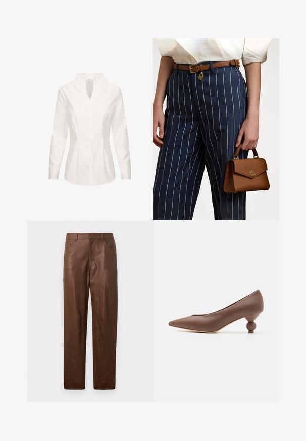 Brauner Kabelstrickpullover mit rundem Ausschnitt, gerippten Bündchen und Saum, ausgestattet mit einem kleinen Logo auf der Brust, aus strukturiertem Stoff gefertigt.; Weiße Bluse aus Baumwolle mit Stehkragen, langen Ärmeln, vorderer Knopfleiste und taillierter Passform. Glatte Textur und schlichtes Design.; Braune Lederhosen mit glatter Textur, geradem Beindesign und zwei Seitentaschen. Enthält sichtbare Nähte.; Braune Leder-Pumps mit spitz zulaufender Zehenpartie und einzigartigem runden Ballabsatz. Glatte Textur, elegantes Design und minimalistische Details.; Braune Texturtasche mit goldenen Beschlägen, gehalten neben navyblauen gestreiften Hosen mit weißen vertikalen Linien. Einfaches, strukturiertes Design.