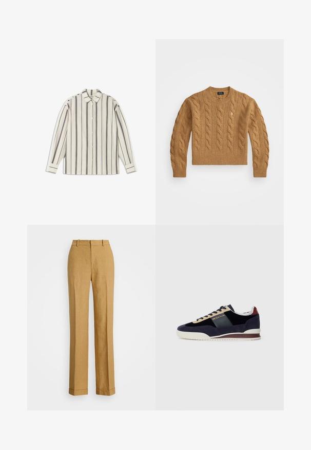 Brun kabelstickad tröja med rund halsringning, ribbade ärmslut och nederkant, med en liten logotyp på bröstet, gjord av texturerat tyg.; Vit skjorta med svarta vertikala ränder, krage, långa ärmar och manschettknappar. Mjuk tyg med en slät textur.; Polo Ralph Lauren YARD LINEN FULL FLAT FRONT - Tygbyxor - sand dune; Mörkblå mockaskor med beige och mörkblå detaljer. Har en vit gummisula och gyllene märkning på sidan. Klassisk sportig design.