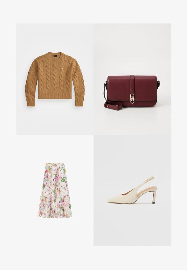 Rjava pletena jopica z okroglim ovratnikom, rebrastimi manšetami in robom, z majhnim logotipom na prsih, izdelana iz teksturirane tkanine.; Cvetna plisirana krila iz lahkega materiala, ki vsebuje mešanico roza, zelene in vijolične barve. Segreje pod koleni z nabranim pasom.; Bež usnjeni petni čevlji s koničastim nosom, odprtim stranskim dizajnom in ozkim visokim peto. Imajo zlat poudarek na traku.; Tommy Hilfiger LIBRE FLAP CROSSOVER - Torba čez telo - deep rouge
