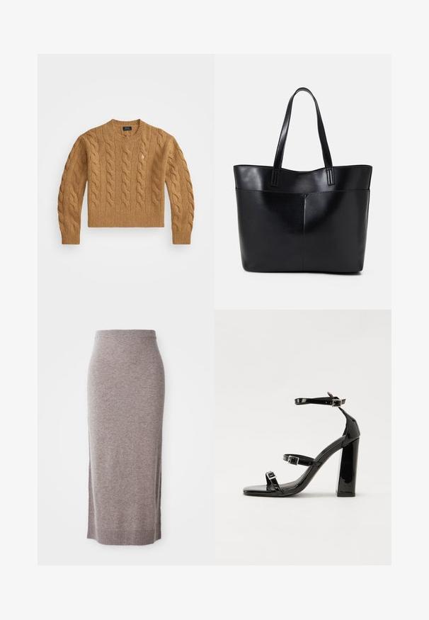 Smeđi džemper s pletenim uzorkom, okruglog izreza, s rebrastim manžetama i donjim rubom, koji sadrži mali logo na prsima, izrađen od teksturirane tkanine.; Suknja do koljena u taupe boji, izrađena od pletenog materijala, s rebrastim pojasom i rubom, s bočnim prorezima za dodatnu udobnost i stil.; Crne lakirane sandale na pete sa kvadratnim nosom, trakama oko gležnja i srebrnim kopčama. Imaju čvrst blok petu za stabilnost.; Crna kožna torba s dugim ručkama, glatkom teksturom i strukturiranim oblikom. Ima prednju džep za dodatno pohranu.