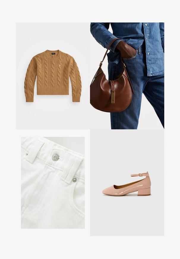 Bruine kabelgebreide trui met een ronde halslijn, ribgebreide manchetten en zoom, voorzien van een klein logo op de borst, gemaakt van gestructureerde stof.; Witte denimshorts met een gestructureerde tailleband, zilveren knoopdetail en textuurstof. Voorzien van voorzakken en net afgewerkte stiksels.; Patentleren roze ballerina met een ronde punt, enkelbandje en een lage blokhak. Gladde textuur en minimalistisch ontwerp.; Bruine leren hobo tas met een rondvorm, voorzien van een gouden hardwareaccent en contrasterende stiksels. Gecombineerd met een denim shirt en jeans.