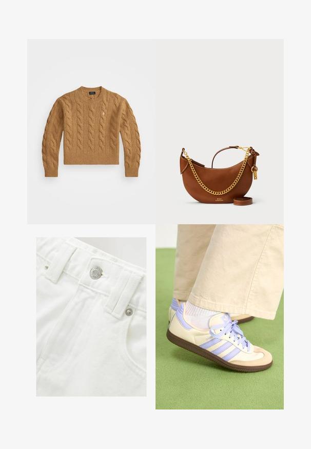 Hnědý svetr z pleteniny s kulatým výstřihem, žebrovanými manžetami a spodním lemem, s malým logem na prsou, vyrobený z texturované tkaniny.; Bílé džínové šortky se strukturovaným pasem, stříbrným knoflíkem a texturovanou tkaninou. Obsahují přední kapsy a úhledné švy.; Krémové a levandulové tenisky se třemi pruhy a texturovanou hnědou podrážkou, vybavené tkaničkami a polstrovanou patou. Měkký textilní svršek.; Hnědá kožená kabelka s zakřiveným designem, zlatým řetízkem, vnitřní kapsou a odnímatelným ramenním popruhem. Obsahuje kontrastní prošívání.