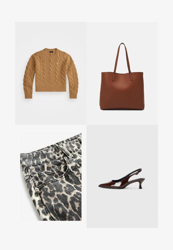 Brun kabelstickad tröja med rund halsringning, ribbade ärmslut och nederkant, med en liten logotyp på bröstet, gjord av texturerat tyg.; Denimtyg med leopardmönster i svarta och beige toner, metallnitar, sydda fickor och en strukturerad design på midjebandet.; Brun lackläder slingback-sko med spetsig tå och en måttlig klack. Utrustad med en spännband för säker passform. Slät textur.; Brun läder tote-väska med en slät textur, öppen toppdesign och två axelremmar. Har minimal söm och ingen synlig metalldetalj.
