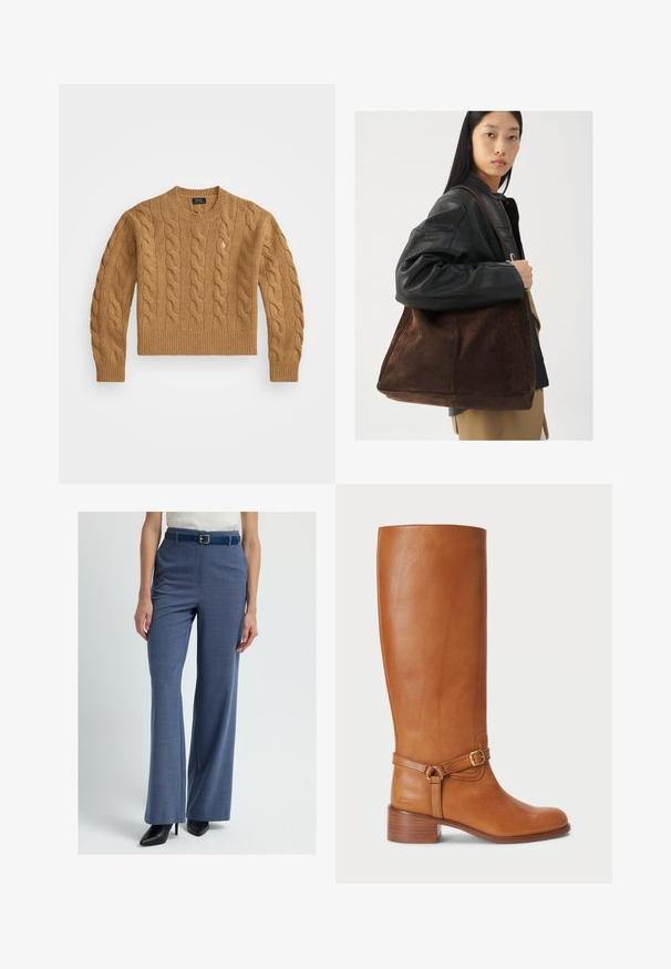 Brązowy sweter z warkoczowym splotem, okrągłym dekoltem, ściągaczami na mankietach i dolnej krawędzi, z małym logo na klatce piersiowej, wykonany z teksturowanej tkaniny.; Lauren Ralph Lauren DOYANIS granatowy; Niebieskie spodnie w kratę o dopasowanym kroju, wysokim stanie i rozszerzanych nogawkach. Posiadają pasujący pasek oraz gładką, sztywną fakturę.; Wysokie brązowe skórzane botki o gładkim wykończeniu, z bocznym paskiem na klamrze i warstwowym obcasem. Wierzch ma prosty, nieozdobiony design.; Brązowa zamszowa torba typu tote o szerokim kształcie i miękkiej teksturze, z pojedynczym uchwytem i minimalnym wykończeniem na neutralnym tle.
