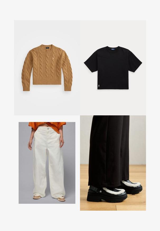 Suéter marrón de punto trenzado con cuello redondo, puños y dobladillo acanalados, con un pequeño logo en el pecho, hecho de tela texturizada.; Camiseta de algodón negra con mangas cortas, cuello redondo y un pequeño logo blanco en la parte inferior izquierda. Ajuste clásico y cuadrado con mínimos detalles.; Pantalones de mezclilla blancos de pierna ancha con bolsillos laterales y un diseño de corte recto, que presentan un cierre de botón y detalles de costura en contraste.; Zapatos de plataforma negros con un ribete de piel blanca, punta redondeada y una correa con un botón de metal. Llevados con pantalones negros sobre un suelo de madera.