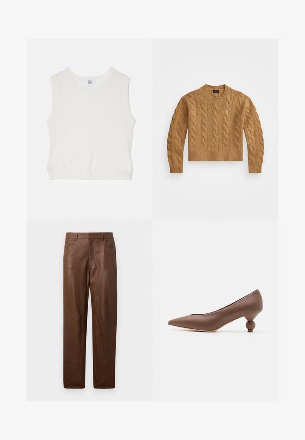 Pruun kootud sviiter ümmarguse kaelusega, soonikkoes varrukate ja hemiga, millel on rindkeres väike logo, valmistatud tekstuursest kangast.; Valge ilma varrukateta särk tekstuurse kudumise mustriga, ümar kaelus ja soonikutaoline ääre. Selles on väike brändi silt selja keskel.; Pruun nahkpükste siledast kangast, sirge jala disainiga ja kahe küljetaskuga. Omab nähtavaid õmbluse detaile.; Pruun nahast terav варьирмеш heel, millel on ainulaadne ümar pallikeel. Sile tekstuur, elegantne disain ja minimalistlikud detailid.