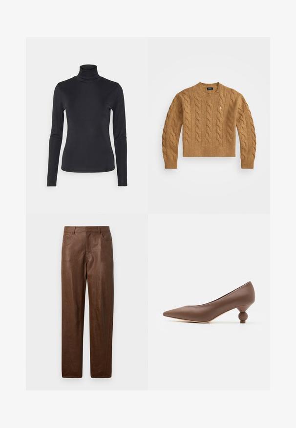 Bruine kabelgebreide trui met een ronde halslijn, ribgebreide manchetten en zoom, voorzien van een klein logo op de borst, gemaakt van gestructureerde stof.; Zwarte coltrui met lange mouwen, gemaakt van een gladde, rekbare stof. Heeft een aansluitend ontwerp en een hoge kraag. Minimalistische stijl, zonder zichtbare patronen.; Bruine leren broek met een gladde textuur, rechte pijpen en twee zijzakken. Bevat zichtbare stikdetails.; Bruine leren pump met spitse neus en een unieke afgeronde balhak. Soepele textuur, strakke ontwerp en minimalistische details.