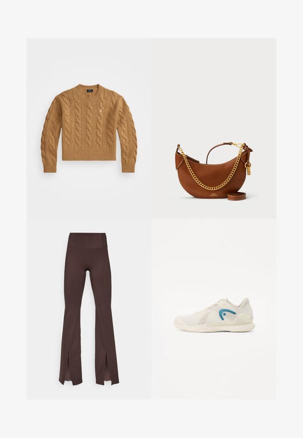 Ruskotoinen palmikkoneulepaita, jossa on pyöreä pääntie, joustavat hihan- ja helmanreunat, etuosa, jossa pieni logo rinnassa, valmistettu tekstuuripintaisesta kankaasta.; Kahvilahuiset legginsit pehmeästä kankaasta, joissa on korkea vyötärö ja sivurei'ät helmassa. Sisältää litteät saumat sujuvampaa istuvuutta varten.; Kevyt urheilujalkine off-white-värissä, jossa on teksturoitu verkko-osa, sininen logo korostuksena ja kumipohja, jossa on pito-kuvioita.; Ruskea nahkakäsilaukku, jossa on kaareva muotoilu, kultaketjuhihna, sisätasku ja irrotettava olkahihna. Ominaisuuksina on kontrastivärinen ommel.