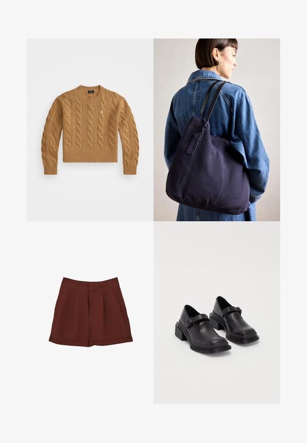 Brązowy sweter z warkoczowym splotem, okrągłym dekoltem, ściągaczami na mankietach i dolnej krawędzi, z małym logo na klatce piersiowej, wykonany z teksturowanej tkaniny.; Bordowe szorty wykonane z gładkiego materiału, charakteryzujące się klasycznym krojem z płaskim przodem, kieszeniami po bokach i wywiniętym brzegiem.; Czarna skórzana obuwie z zaokrąglonym czubkiem, płaską podeszwą i paskiem z klamrą. Grubszy blokowy obcas dla dodatkowej stabilności.; Granatowa torba na ramię z płótna o miękkim, strukturalnym kształcie, z czarnym paskiem, przeszyciami i małą metką marki.