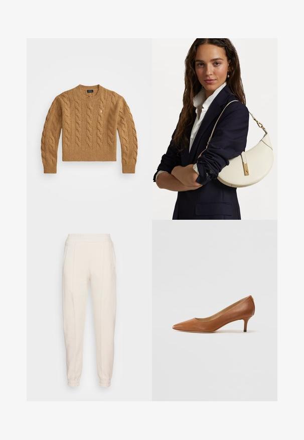 Suéter marrom de malha trançada com um decote redondo, punhos e bainha canelados, apresentando um pequeno logotipo no peito, feito de um tecido texturizado.; someday. CENOMI - Calças - soft cream; Lauren Ralph Lauren ADRIENNE - Saltos clássicos - deep saddle tan; Bolsa de mão de couro branco com forma curva, material dourado e acabamento texturizado, usada sobre um blazer escuro e uma camisa branca.