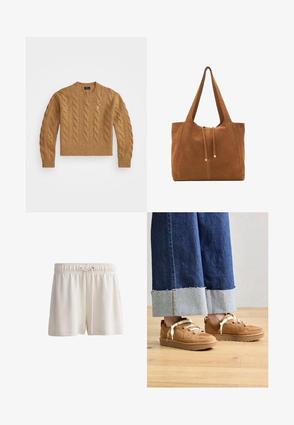 Brun kabelstrikket sweater med rund halsudskæring, ribbede manchetter og kant, prydet med et lille logo på brystet, lavet af struktureret stof.; Cremefarvede shorts lavet af blødt materiale, med elastisk talje og snøre samt en enkel nederdelsdesign.; Brune ruskinds sneakers med teksturerede paneler og lyse snørebånd. Parret med vide blå denim bukser med ødelagte kanter.; Brun ruskinds-tote med to lange stropper, snørelukning og minimalistisk design. Glat tekstur og ingen synlige hardware-detaljer.