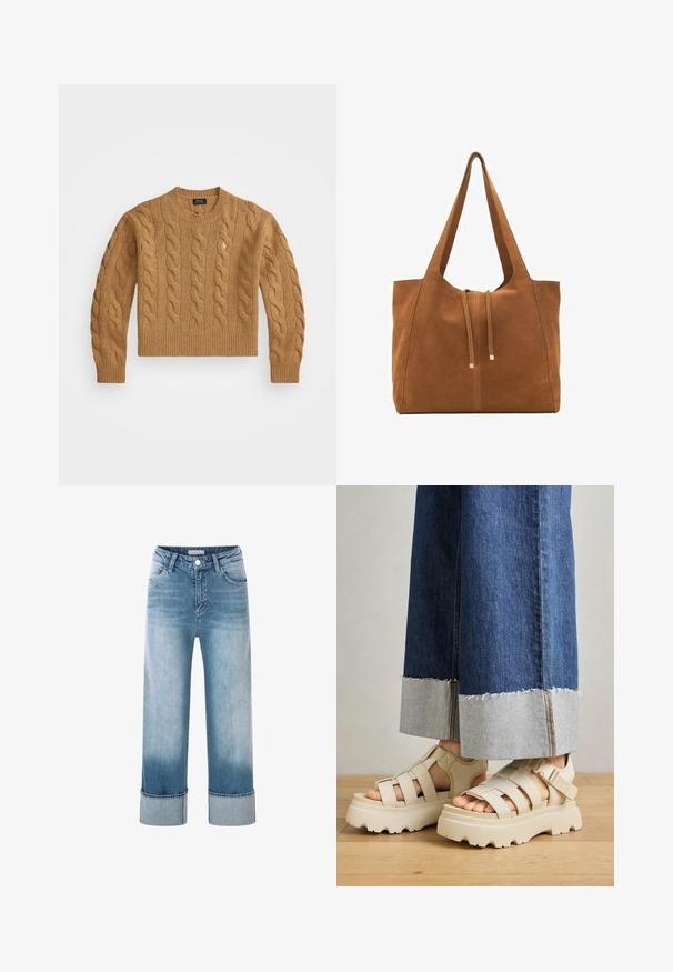 Suéter marrón de punto trenzado con cuello redondo, puños y dobladillo acanalados, con un pequeño logo en el pecho, hecho de tela texturizada.; Jeans de mezclilla azul claro con cintura alta, piernas anchas y puños doblados. Presentan un diseño clásico de cinco bolsillos y detalles de hardware en cobre.; Sandalias de plataforma beige con suelas gruesas que presentan un diseño de tiras y correas ajustables en el tobillo. Llevadas con pantalones de mezclilla de pierna ancha, uno de los dobladillos está deshilachado.; Bolso tote de ante marrón con dos asas largas, cierre de cordón y un diseño minimalista. Textura suave y sin acentos de hardware visibles.