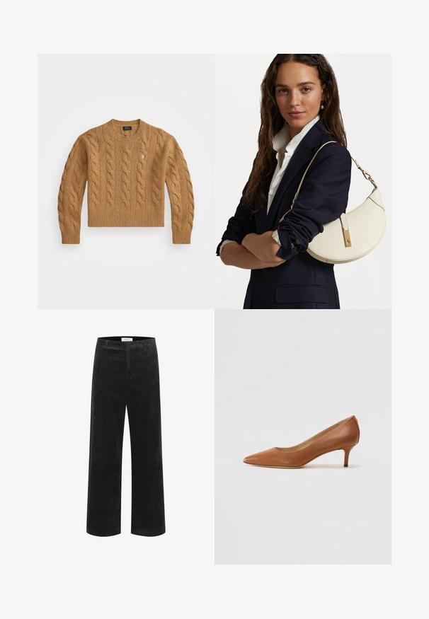 Suéter marrón de punto trenzado con cuello redondo, puños y dobladillo acanalados, con un pequeño logo en el pecho, hecho de tela texturizada.; Pantalones de pana negra de pierna ancha con canalones verticales, cinturilla estructurada y frente plano. La tela parece suave con un ligero brillo.; Lauren Ralph Lauren ADRIENNE - Tacones - deep saddle tan; Bolso de mano de cuero blanco con forma curva, herrajes dorados y un acabado texturizado, llevado sobre un blazer oscuro y una camisa blanca.