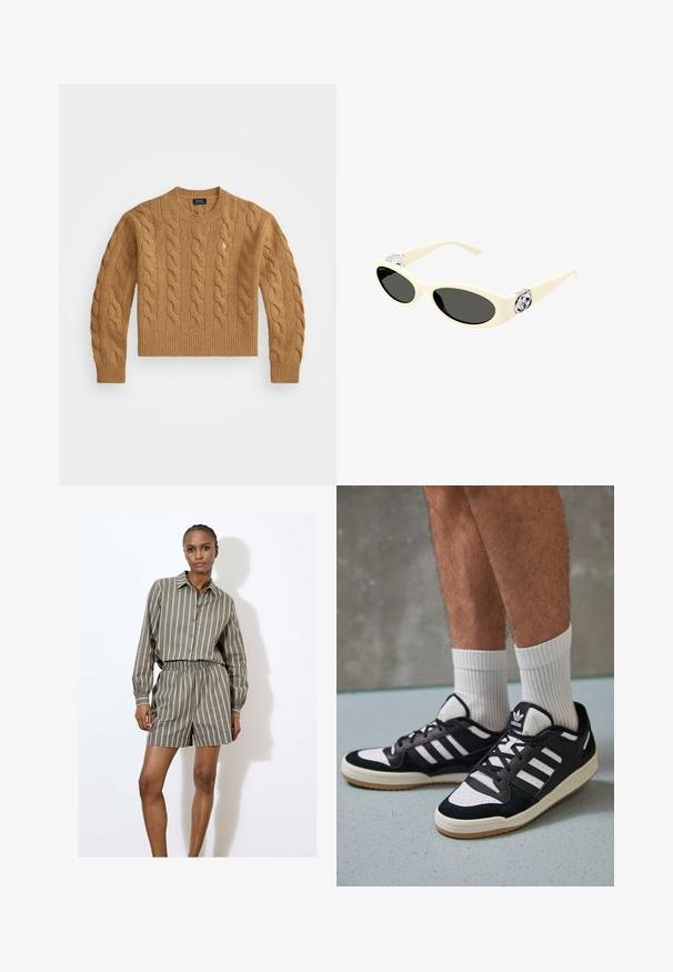 Suéter marrón de punto trenzado con cuello redondo, puños y dobladillo acanalados, con un pequeño logo en el pecho, hecho de tela texturizada.; Camisa ligera de rayas en color verde oliva con cierre de botones y pantalones cortos a juego, que cuentan con una cintura elástica y un corte relajado.; Zapatillas en blanco y negro con parte superior de ante y cuero, que presentan tres franjas blancas, una puntera perforada y una suela de goma.; Gafas de sol color crema con lentes ovalados, tinte negro y acentos metálicos con logotipo en las patillas. Textura suave, diseño de ojo de gato.; Tory Burch ROMY PEBBLED SATCHEL - Bolso de mano - tiramisu