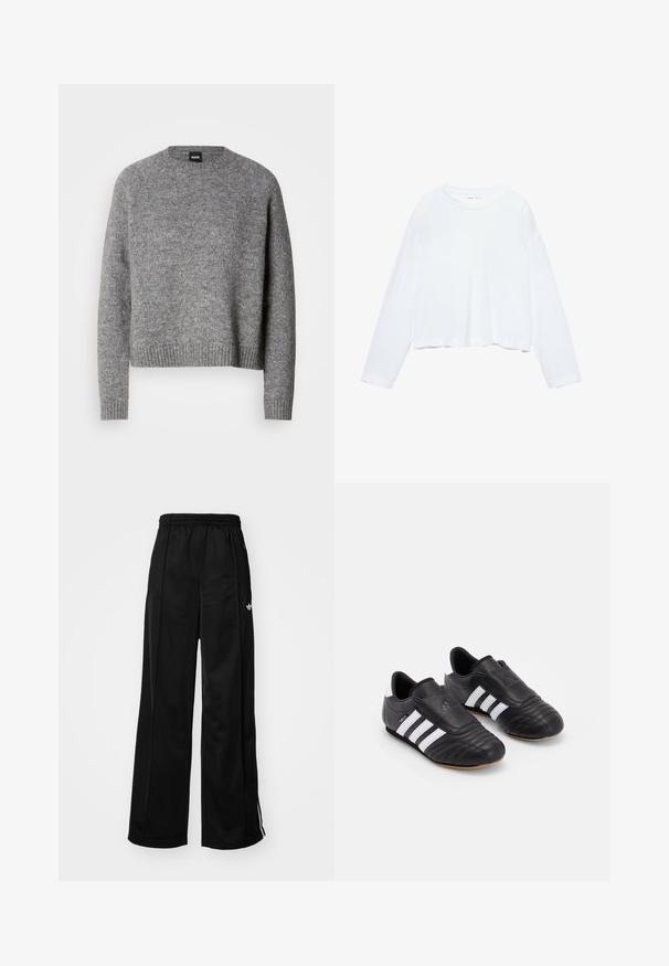 Szürke kötött pulóver kerek nyakkivágással, hosszú ujjakkal és bordázott mandzsettával és szegéllyel. Puha tapintású; minimalista design, minták vagy díszítés nélkül.; Hosszú ujjú, fehér, rövidített póló, puha anyagból készült, kerek nyakkal és laza szabással, felgöngyölt ujjaival. Egyszerű és letisztult design.; Fekete, bő szárú tréningnadrág, elasztikus derékkal, fehér oldalsávokkal és egy kis logóval a bal csípőn. Sima anyag textúrával.; Fekete focicipők, strukturált bőr felsőrésszel, párnázott orral, oldalt három fehér csíkkal és gumitalppal.