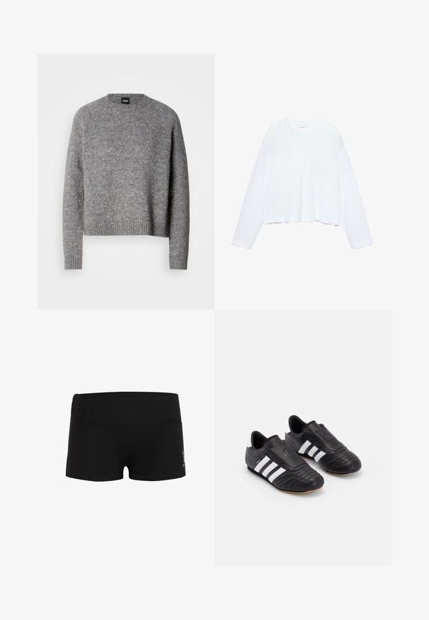 Harmaa neulepusero, jossa on pyöreä kaula-aukko, pitkät hihat sekä ribbaus hihansuissa ja helmassa. Pehmeä rakenne; minimalistinen muotoilu ilman kuvioita tai koristeita.; Pitkähihaisessa valkoisessa lyhyessä t-paidassa on pehmeä kangas, pyöreä kaula-aukko ja rento istuvuus tikkauksetulla hihalla. Yksinkertainen ja siisti muotoilu.; Ed Hardy MINI FOLD OVER - Shortsit - black; Mustat jalkapallokengät, joissa on tekstuurilla varustettu nahkapäällinen, pehmustettu etuosa, kolme valkoista raitaa sivuilla ja kuminen ulkopohja.