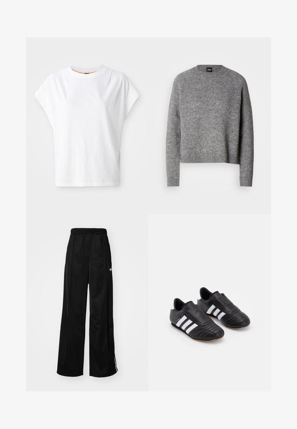 Sivi pleteni pulover s okruglim izrezom, dugim rukavima i rebrastim manžetama i donjim rubom. Mekana tekstura; minimalistički dizajn bez uzoraka ili naglasaka.; Bijela majica kratkih rukava širokog kroja. Ima okrugli izrez i suptilan logo detalj sprijeda. Izrađena od pamučnog materijala.; Crne široke trenirke s elastičnom gumom u struku, s bijelim bočnim trakama i malim logotipom na lijevom kuku. Glatka tekstura materijala.; Crne nogometne cipele s gornjim dijelom od teksturirane kože, s podstavljenim prednjim dijelom, tri bijele pruge sa strane i potplatom od gume.
