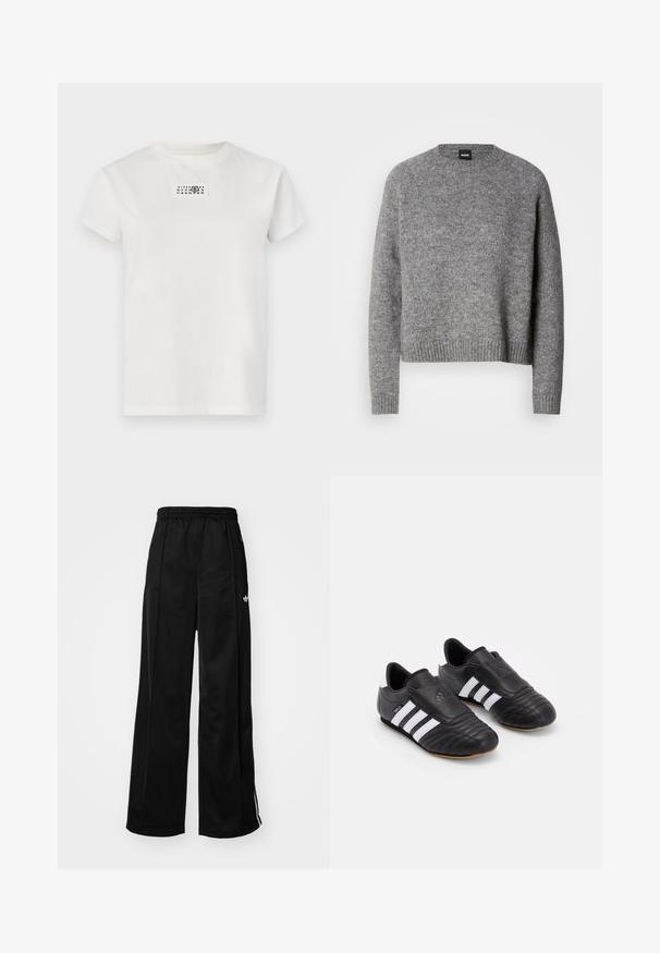 Szary sweter dzianinowy z okrągłym dekoltem, długimi rękawami oraz ściągaczami na mankietach i dole. Miękka faktura; minimalistyczny design bez wzorów czy akcentów.; Biała bawełniana koszulka z okrągłym dekoltem i krótkimi rękawami. Na wysokości dekoltu znajduje się prostokątny, czarny nadruk przedstawiający liczby.; Czarne szerokie spodnie dresowe z elastycznym pasem, z białymi paskami po bokach i małym logo na lewym biodrze. Gładka tekstura materiału.; Czarne buty piłkarskie z teksturowanej skórzanej cholewki, z wyściełanym przodem, trzema białymi paskami po bokach oraz gumową podeszwą.