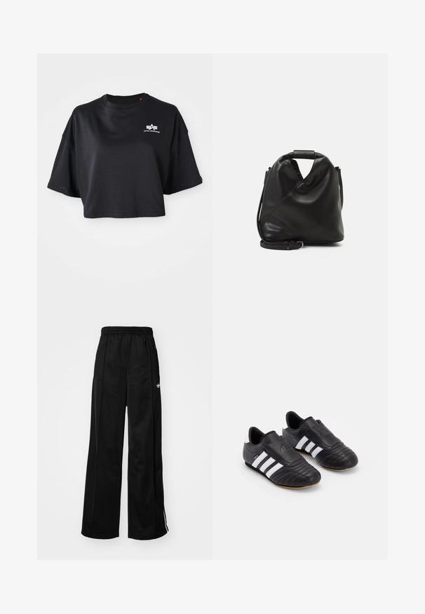 Hallhallane kootud kampsun ümmarguse kaelusega, pikkade varrukatega ja soonikkoes äärtega. Pehme tekstuur; minimalistlik disain ilma mustrite või aktsentideta.; Must täisnurgaga hõlmadega must puuvillane lühike T-särk, ümmarguse kaelusega ja valge logoga rinnal. Sujuv tekstuur.; Mustad laiad spordipüksid elastse vöökohtaga, millel on valged külgtriibud ja väike logo vasakul puusal. Sile kangateksam.; Mustad jalgpallikingad musta värvi tekstureeritud nahk поверхности, millel on pehmendatud esiosa, kolm valget triipu külgedel ja kummist väljalaskeava.; Must ja pehme nahast kott, millel on unikaalne keerdkujuline disain. Omab lühikest kätset ja eemaldatavat õlarihma. Minimalistlik stiil.