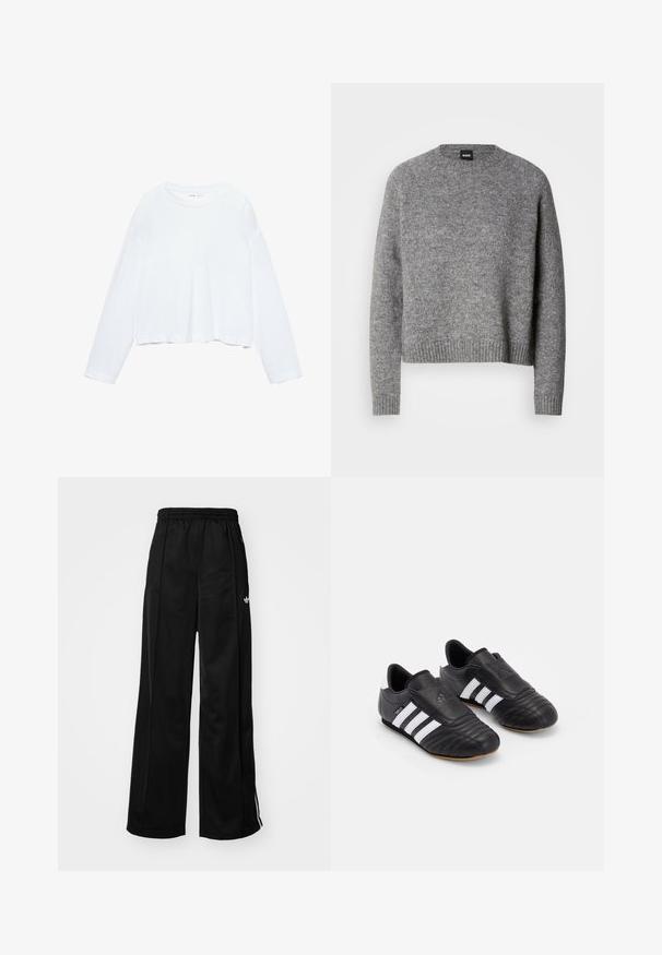 Harmaa neulepusero, jossa on pyöreä kaula-aukko, pitkät hihat sekä ribbaus hihansuissa ja helmassa. Pehmeä rakenne; minimalistinen muotoilu ilman kuvioita tai koristeita.; Pitkähihaisessa valkoisessa lyhyessä t-paidassa on pehmeä kangas, pyöreä kaula-aukko ja rento istuvuus tikkauksetulla hihalla. Yksinkertainen ja siisti muotoilu.; Musta leveälahkeinen treenihousut, jossa on elastinen vyötärö, valkoiset sivutossut ja pieni logo vasemmassa lonkassa. Silkkinen kangastunne.; Mustat jalkapallokengät, joissa on tekstuurilla varustettu nahkapäällinen, pehmustettu etuosa, kolme valkoista raitaa sivuilla ja kuminen ulkopohja.