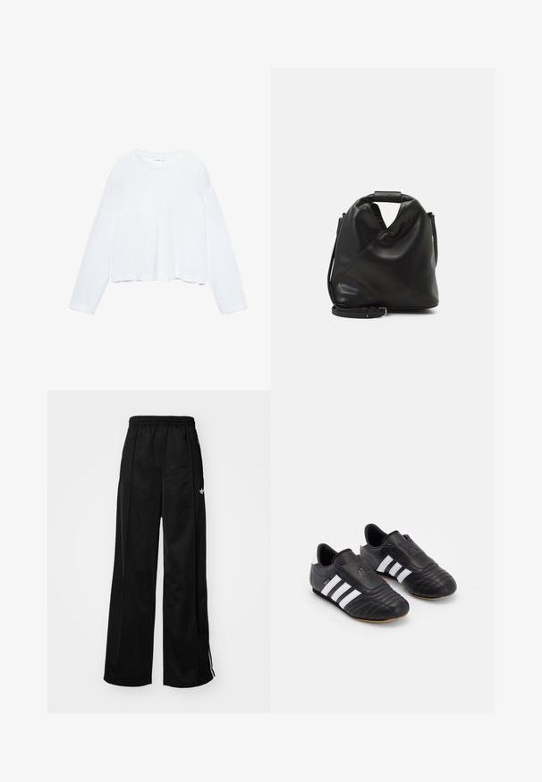 Šedý pletený svetr s kulatým výstřihem, dlouhými rukávy a žebrovanými manžetami a spodním lemem. Měkká textura; minimalistický design bez vzorů či akcentů.; Bílé dlouhé rukávy zkrácené tričko vyrobené z jemné látky, má kulatý výstřih a volný střih s manžetovými rukávy. Jednoduchý a čistý design.; Černé široké sportovní kalhoty s elastickým pasem, na kterých jsou bílé boční pruhy a malé logo na levém boku. Hladká textilie.; Černé fotbalové boty s texturovaným koženým svrškem, vybavené polstrovanou špičkou, třemi bílými pruhy po stranách a gumovou podrážkou.; Černá, měkká kožená taška s unikátním zkrouceným designem. Obsahuje krátkou rukojeť a odnímatelný ramenní popruh. Minimalistický styl.
