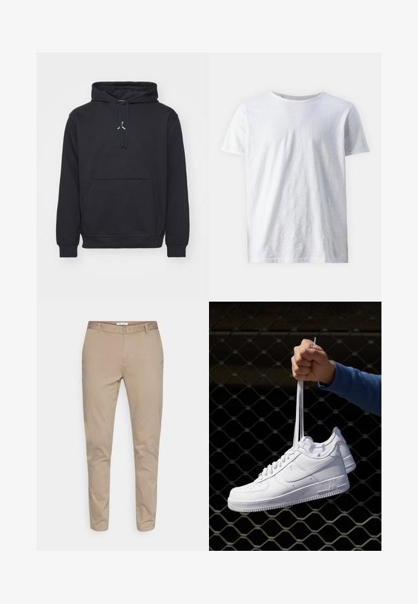 Sort hættetrøje lavet af bomuldsblanding. Har en kengurulomme, ribbede manchetter og et lille hvidt logo på brystet.; Hvid kortærmet t-shirt lavet af letvægtsstof. Rund halsudskæring med en glat tekstur og uden synlige mønstre eller accenter.; Beige bomulds-chinos med et lige ben-design, der har en knaplukning, bæltestropper og sidelommer. Glat tekstur uden mønstre.; Hvide lædersneakers med perforeringer, rund tå, flad sål og tykke snørebånd, med et synligt swoosh-logo og "AIR" på hælen.