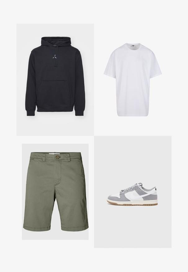 Crna dukserica s kapuljačom od pamučne mješavine. Ima kenguruvu džep, rebraste manžete i mali bijeli logo na prsima.; Bijela pamučna majica s kratkim rukavima, zaobljenim izrezom, opuštenog kroja, bez vidljivih logotipa ili uzoraka. Glatka tekstura i minimalni dizajn.; Maslinaste zelene hlače kratkih nogavica od pamuka, s kopčanjem na dugme, petljama za pojas i ravnim krojem s preklopljenim rubovima.; Sivi i bijeli tenisice s gornjištem od antilopa i kože, okruglim vrhom, ravnim vezicama i gumenim potplatom s dodatkom boje gume.