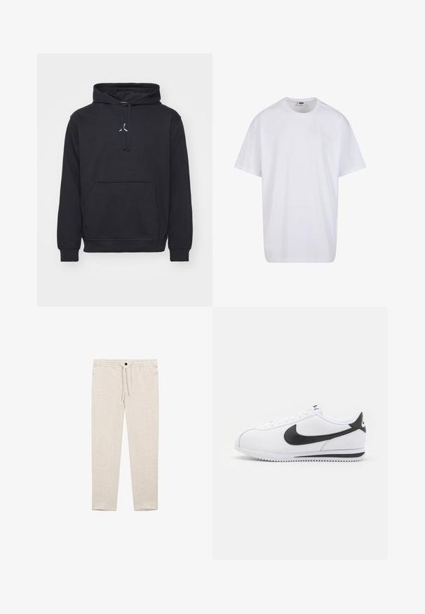 Felpa nera con cappuccio in misto cotone. Presenta una tasca a marsupio, polsini a coste e un piccolo logo bianco sul petto.; Maglietta bianca in cotone con maniche corte, scollatura rotonda, vestibilità comoda e senza loghi o motivi visibili. Texture liscia e design minimale.; Massimo Dutti TOTAL LOOK - Chino - beige; Sneaker in pelle bianca con logo Nike nero, lacci piatti e suola in gomma testurizzata. Punta arrotondata e collare imbottito per il comfort.