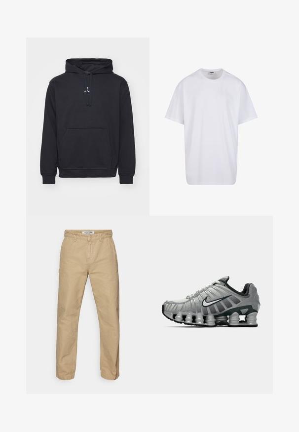 Melna kapuce džemperis, izgatavots no kokvilnas maisījuma. Tam ir kangaroo kabata, ribota aproce un mazs balts logs uz krūtīm.; Balta kokvilnas T-kreklu ar īsām piedurknēm, apaļu kakla izgriezumu, brīvu piegriezumu un bez redzamām logo vai rakstiem. Gluda tekstūra un minimālistisks dizains.; Gaiši brūnas, vieglas kokvilnas bikses ar taisnu kāju dizainu, ar pogu aizdari un smalku tekstūru. Lacoste logo jostasvietā.; Pelēki un melni Nike skriešanas apavi ar redzamu atsperveida amortizāciju zem zoles un balto swoosh logo sānos.