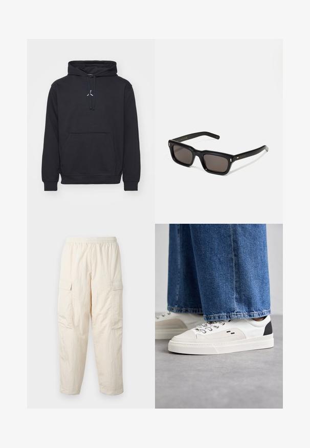 Černá mikina s kapucí vyrobená z bavlněného směsového materiálu. Má klokaní kapsu, žebrované manžety a malé bílé logo na hrudi.; Béžové cargo kalhoty s elastickým pasem, obsahující dvě boční kapsy a měkkou, lehkou látku. Zmačkaná textura.; Bílé a černé tenisky s hladkým koženým svrškem, texturovanými akcenty a robustní bílou podešví. Mají klasický design se šněrováním.; Černé obdélníkové sluneční brýle s tmavými skly, silným plastovým rámem, zlatými akcenty na spáncích a vyrytým logem značky na nožičce.
