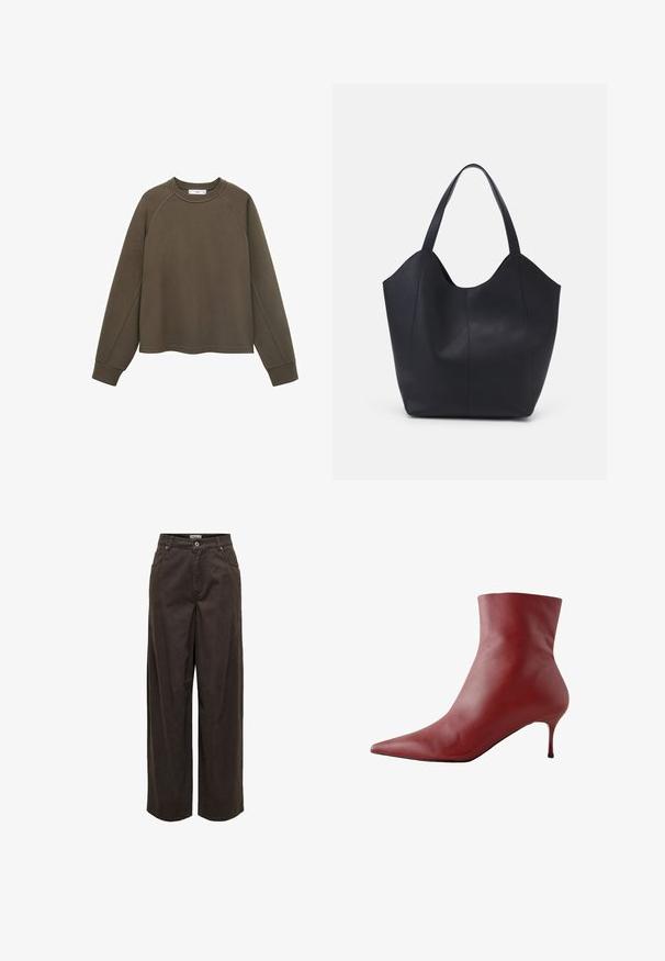 Sudadera verde oliva con cuello redondo, mangas raglán y dobladillo cortado. Fabricada con un tejido suave de textura lisa.; Pantalones de pierna ancha en marrón oscuro, hechos de algodón, con una cinturilla clásica, cremallera, cinco bolsillos y detalles de costura minimalistas.; Bota de piel roja hasta el tobillo con punta afilada, parte superior ajustada y tacón delgado. Textura suave, diseño elegante y suela negra de alto contraste.; Bolso tote negro fabricado en cuero liso, con un diseño minimalista que presenta un borde superior curvado y dos asas para el hombro.