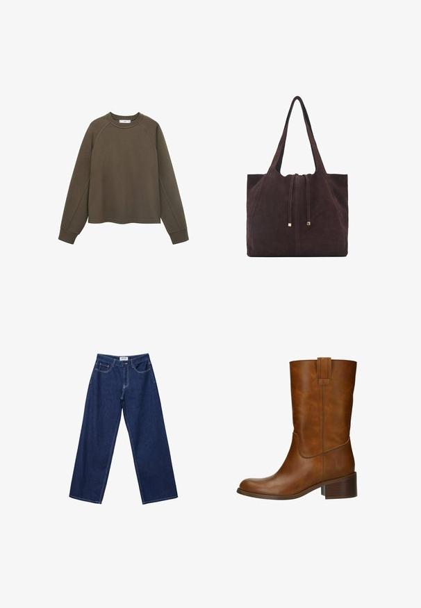 Olive green sweatshirt with a round neckline, raglan sleeves, and a cropped hem. Made from soft fabric with a smooth texture.; Wide-leg dark blue denim jeans with a button closure, five pockets, and contrasting white stitching. The fabric has a smooth, slightly textured finish.; Brown leather ankle boot with a rounded toe, low block heel, and side seam stitching. Features a vertical strap accent at the back.; Mango Tote bag - dark brown