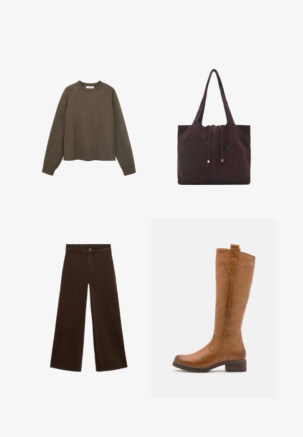 Pulover de culoare verde măslin cu decolteu rotund, mâneci raglan și margine scurtă. Fabricat dintr-un material moale cu o textură netedă.; Pantaloni largi maro dintr-un amestec de bumbac, cu un tiv desfăcut, închidere cu buton frontal și un design clasic cu cinci buzunare. Minimalist și versatil.; Anna Field LEATHER - Cizme - cognac; Mango Geantă de pânză - dark brown