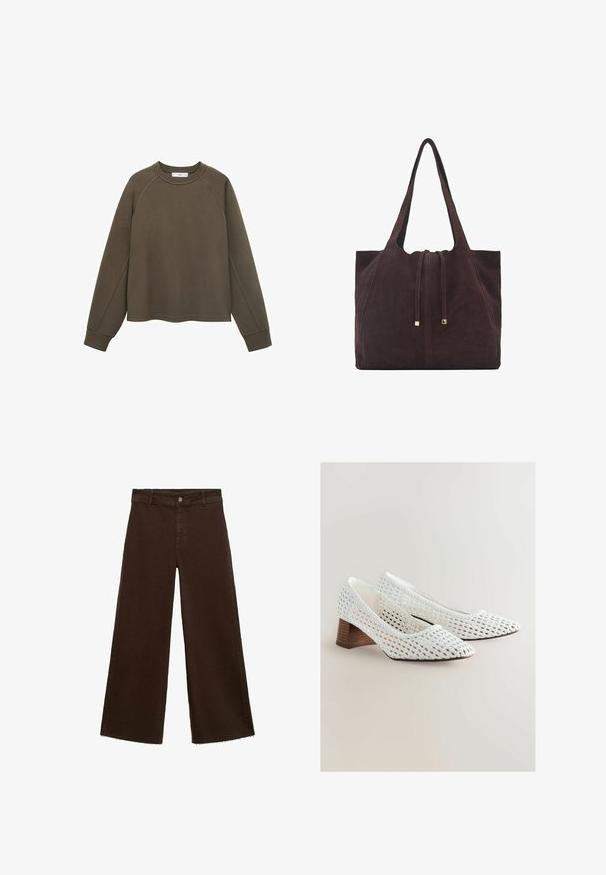 Olijfgroene sweatshirt met een ronde halslijn, raglanmouwen en een cropped zoom. Gemaakt van zachte stof met een gladde textuur.; Bruine wijde broek in katoenmix, met een rafelige zoom, sluiting met een knoop aan de voorkant en een klassieke vijf-pocketstijl. Minimalistisch en veelzijdig.; Witte geweven pumps met een puntige neus en een lage houten hak. De textuur is opengeweven, met ingewikkelde patronen.; Mango Shopper - dark brown