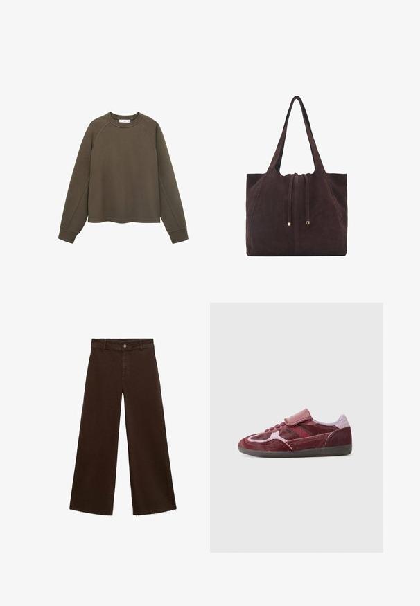 Pulover de culoare verde măslin cu decolteu rotund, mâneci raglan și margine scurtă. Fabricat dintr-un material moale cu o textură netedă.; Pantaloni largi maro dintr-un amestec de bumbac, cu un tiv desfăcut, închidere cu buton frontal și un design clasic cu cinci buzunare. Minimalist și versatil.; Tenisi roșii din suede, cu vârf neted, panouri laterale texturate, șireturi tonale și o curea cu Velcro. Prezintă o talpă exterioară din cauciuc negru, rezistentă.; Mango Geantă de pânză - dark brown