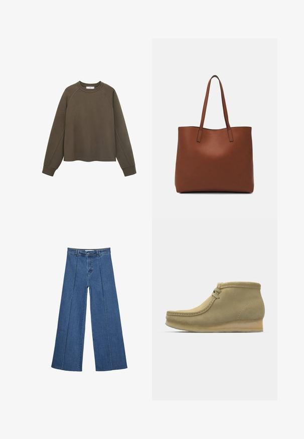 Oliivivihreä collegepaita pyöreällä pääntiellä, raglan-hihalla ja lyhyellä helmalla. Valmistettu pehmeästä kankaasta, jossa on sileä rakenne.; Korkeat vyötäröiset, keskisiniset, leveiden lahkeiden denim-farkut, joissa on nappikiinnitys ja kontrastiväriset pystysaumadetaileja edessä.; Beige mokkasiinin nahkasaappaat, joissa on pyöreä kärki, vähäiset saumat, pieni korko ja nauhakiristys säädettävään sopivuuteen.; Ruskea nahkainen olkalaukku, jossa on sileä pinta, avoin yläosa ja kaksi olkahihnaa. Omaavat vain minimaalisen ompelun eikä näkyvää metalliosaa.