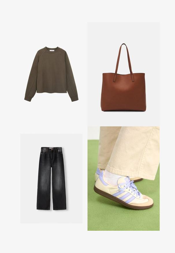Olívová mikina s okrúhlym výstrihom, raglánovými rukávmi a skráteným lemom. Vyrobená z mäkkého materiálu s hladkým povrchom.; Bershka Zvonové džínsy - black; Krémovo-fialové tenisky so tromi pruhmi a štruktúrovanou hnedou podrážkou, s šnúrkami a polstrovaným opätkom. Mäkký textilný zvršok.; Hnedá kožená taška na rameno s hladkou textúrou, otvoreným vrchom a dvoma ramenými popruhmi. Má minimálne šitia a žiadne viditeľné kovania.