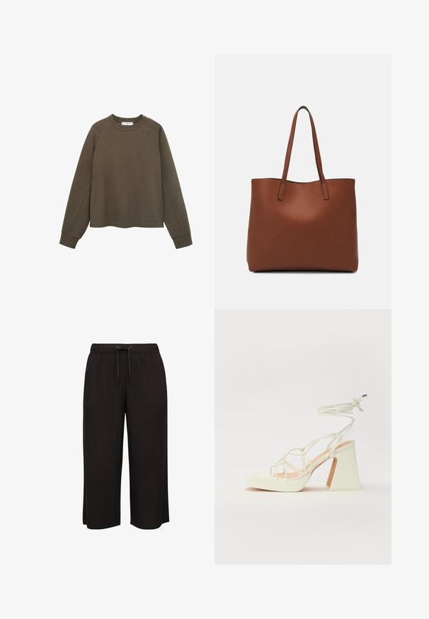 Olivenfarbener Sweatshirt mit Rundhalsausschnitt, Raglanärmeln und cropped Saum. Hergestellt aus weichem Stoff mit glatter Textur.; Schwarze, weit geschnittene Hosen aus einem weichen, leichten Stoff. Sie verfügen über einen elastischen Bund mit Kordelzug und eine gerade, fließende Silhouette.; Weiße High-Heel-Sandale mit einem klobigen Absatz, die über ein Riemchendesign und ein Knöchelband verfügt. Glatte Textur mit einer Plattform vorne für zusätzliche Höhe.; Braune Leder-Tote mit glatter Textur, offenem Oberteil und zwei Schulterriemen. Verfügt über minimale Nähte und keine sichtbaren Beschläge.