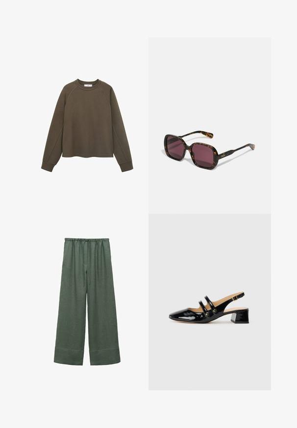 Maslinasto zeleni dukserica s okruglim izrezom, raglan rukavima i skraćenim rubom. Izrađena od mekanog materijala s glatkom teksturom.; Zelene lanene široke hlače s pojasom na vezanje, s glatkom teksturom i skraćenim rubom.; Crne lakirane slingback cipele s špicastim prstom, dva remena, zlatnim kružnim detaljima i niskom blok petom.; Kvadratne sunčane naočale s okvirom u uzorku kornjače, tamnoljubičastim lećama i zlatnim logotipom na drškama. Imaju moderan, upečatljiv dizajn i sjajnu završnu obradu.; Smeđa antilop torba za ruke s dva duga remena, zatvaranje na vezicu i minimalistički dizajn. Glatka tekstura i bez vidljivih metalnih elemenata.