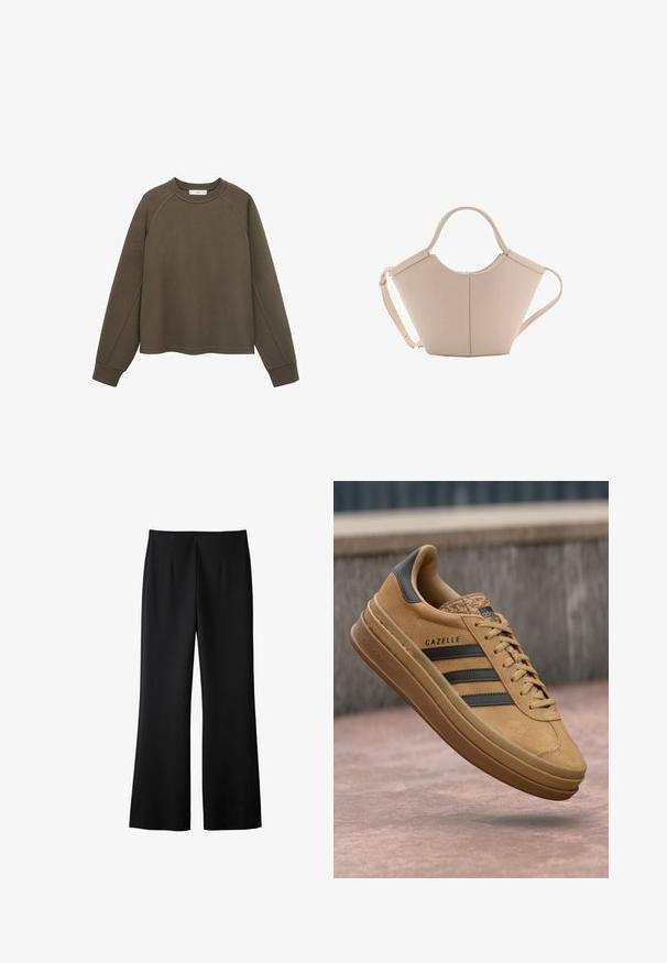 Olijfgroene sweatshirt met een ronde halslijn, raglanmouwen en een cropped zoom. Gemaakt van zachte stof met een gladde textuur.; Zwarte wijde broek gemaakt van een gladde stof, met een strak ontwerp, voorplooien en een verzorgde afwerking zonder zichtbare hardware.; Tansuede sneakers met een gladde textuur, voorzien van drie donkere strepen, een ronde neus en een dikkere zool met een gemarmerde rand.; Beige leren handtas met een unieke vorm, voorzien van twee korte handvatten en een lange verstelbare schouderriem. Glad oppervlak met minimale hardware.
