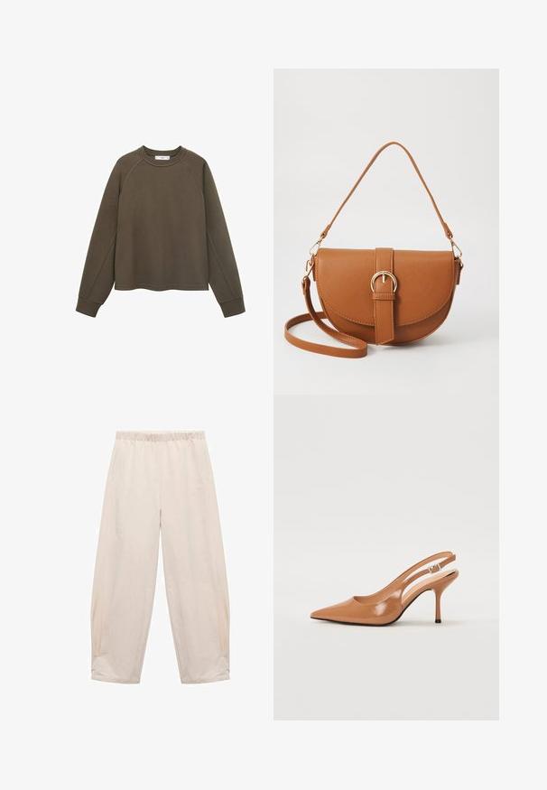 Oliven grøn sweatshirt med rund udskæring, raglanærmer og cropped kant. Fremstillet af blødt stof med en glat overflade.; Elastisk taljebukser i lys beige. Fremstillet af blødt stof med sidelommer og en afslappet, løs pasform. Taperet ved anklen.; Spids tå slingback hæl i et glat, blankt tan materiale. Har et buet udskæring design og en slank stiletto hæl. Sølv spænde detalje.; Brun læder crossbody taske med en buet form, guldfarvet hardware og en spændeaccent. Har en aftagelig skulderrem.