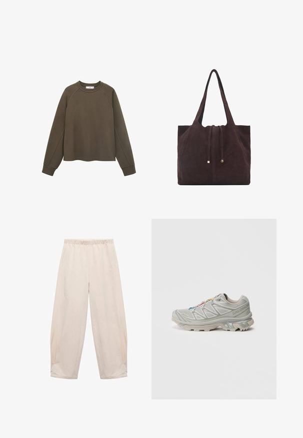 Oliwkowa bluza z okrągłym dekoltem, rękawami raglanowymi i skróconym dołem. Wykonana z miękkiego materiału o gładkiej fakturze.; Spodnie z elastycznym paskiem w jasnym beżu. Wykonane z miękkiego materiału, z bocznymi kieszeniami oraz luźnym, swobodnym krojem. Zwężane przy kostce.; Jasnoszary but sportowy z teksturowaną siateczką, z refleksyjnymi akcentami, wyraźnym bieżnikiem i kolorowymi sznurówkami. Posiada wspierającą konstrukcję.; Mango - Torba na zakupy