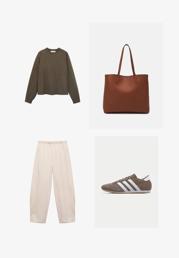 Olive green sweatshirt with a round neckline, raglan sleeves, and a cropped hem. Made from soft fabric with a smooth texture.; Elastic waistband pants in light beige. Made from soft fabric with side pockets and a relaxed, loose fit. Tapered at the ankle.; Brown suede athletic shoe with white stripes, round toe, lace-up design, and gum rubber sole. Textured upper with stitching details.; Brown leather tote bag with a smooth texture, open top design, and two shoulder straps. Features minimal stitching and no visible hardware.