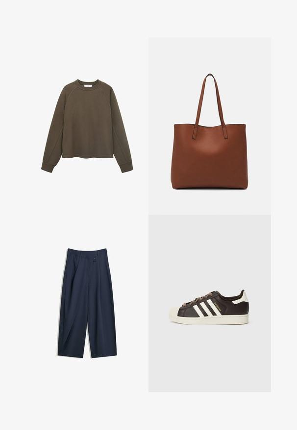 Olivově zelená mikina s kulatým výstřihem, raglánovými rukávy a zkráceným lemem. Vyrobena z měkké tkaniny s hladkou strukturou.; Námořnické kalhoty s širokými nohavicemi a kontrastním střihem, s předními záhyby, knoflíkovým zapínáním a hladkou texturou látky.; Nízký teniska Adidas Superstar z tmavě hnědé kůže s krémovou špičkou, bílými pruhy a nápisem "Superstar" na boku.; Hnědá kožená taška přes rameno s hladkou texturou, otevřeným designem a dvěma ramenními popruhy. Obsahuje minimální švy a žádné viditelné kovové prvky.