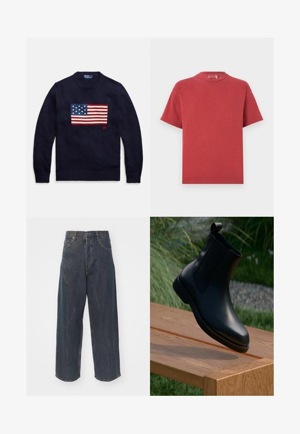 Navy blue knit sweater featuring a woven American flag design at the chest, with red and white stripes and white stars on a blue field.; Red cotton T-shirt with a round neck and short sleeves, featuring a soft texture and a relaxed fit. No visible patterns or hardware details.; White textured shirt with long sleeves, a button-down collar, and a single chest pocket. Brand label "WEEKDAY" visible inside the collar.; Wide-leg dark blue denim jeans with subtle distressed texture, five pockets, and a classic button and zipper closure at the waist.; Black leather ankle boots with a smooth finish, elastic side panels, and a loop tab on the shaft, set against a wooden surface.